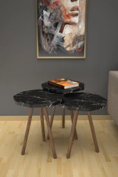 Limnizza Sekizgen Zigon Sehpa 3'lü Set Ahşap Orta Sehpa Modern Yan Sehpa Takımı Dekoratif Sehpa Siyah Mermer Desenli - 3