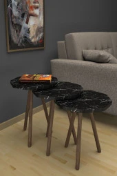 Limnizza Sekizgen Zigon Sehpa 3'lü Set Ahşap Orta Sehpa Modern Yan Sehpa Takımı Dekoratif Sehpa Siyah Mermer Desenli - 4