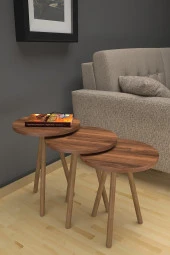 Mobezzo 3lü Yuvarlak Zigon Sehpa Takımı  Ahşap Ayaklı Modern Tarz Kahve ve Sunum Sehpası Ceviz - 1