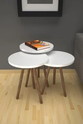 Mobezzo 3 lü Yuvarlak Zigon Sehpa Takımı Ahşap Ayaklı Modern Tarz Kahve ve Sunum Sehpası Beyaz - 1