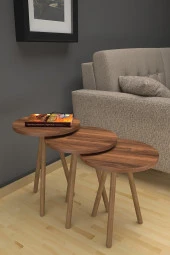 Mobezzo 3lü Yuvarlak Zigon Sehpa Takımı  Ahşap Ayaklı Modern Tarz Kahve ve Sunum Sehpası Ceviz - 3