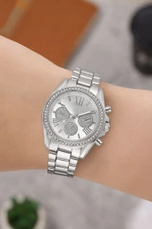 Taşlı Tasarım Dekoratif Kadran Şık Gümüş Kadın Kol Saati - 1