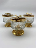3'lü Ayaklı Gold Timeless Cam Magnolia Kasesi, Kelebek Kapaklı Dondurmalık, Şekerlik, Çerezlik - 1