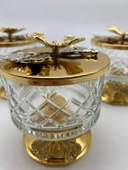 3'lü Ayaklı Gold Timeless Cam Magnolia Kasesi, Kelebek Kapaklı Dondurmalık, Şekerlik, Çerezlik - 3