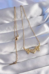 316L Çelik Zincir Gold Renk Zirkon Taşlı Kalp Model Kelebek Detay Kolye - TJ-BKO8773 thumbnail 2