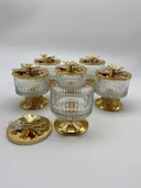 6'lı Ayaklı Gold Elysia Cam Magnolia Kasesi, Kelebek Kapaklı Dondurmalık, Şekerlik, Çerezlik - 4