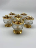 6'lı Ayaklı Gold Elysia Cam Magnolia Kasesi, Kelebek Kapaklı Dondurmalık, Şekerlik, Çerezlik - 1