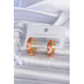 ZÜHRE 316L Çelik Gold Renk Çiçek İşleme Turuncu Kadın Küpe - 1