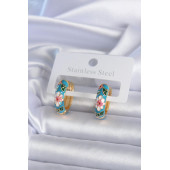 ZÜHRE 316L Çelik Gold Renk Mavi Çiçek İşleme Detay Kadın Küpe - 1