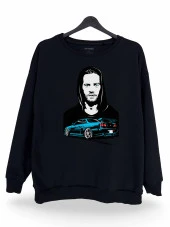 Brian O Conner Paul Walker GTR Araba Baskılı Unisex Bisiklet Yaka Oversize Sweatshirt - 1