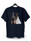Doberman Çifti Baskılı Loose Fit Bisiklet Yaka Unisex Tişört Siyah - 1