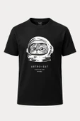 Astronot Kedi AstroCat Baskılı Loose Fit Bisiklet Yaka Unisex Tişört Siyah - 1