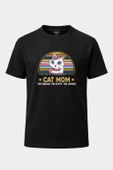 Cat Mom Renkli Kedi Baskılı Loose Fit Bisiklet Yaka Unisex Tişört Siyah - 1