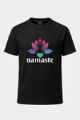 Nameste Yoga Baskılı Loose Fit Bisiklet Yaka Unisex Tişört Siyah - 1