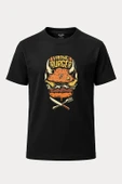 Viking Burger Baskılı Loose Fit Bisiklet Yaka Unisex Tişört Siyah - 1