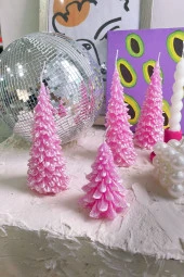 Sanat Sepet İşleri Parlak Pembe 2'li Çam Ağacı Dekoratif Yılbaşı Hediyelik Mumu - 1