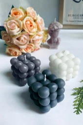 Sanat Sepet İşleri Gri - Koyu Gri - Beyaz Vanilya Kokulu Bubble Hediyelik Dekoratif Mum - 3'lü Set - 1