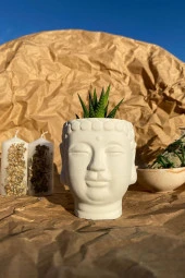 Sanat Sepet İşleri Beyaz Buda Heykel Büst Skulent Saksılık - 8,5 X 9 Cm - 2