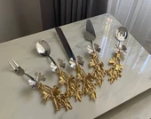 5 Parça Kelebek Desenli Gold Saplı Çelik Servis Seti - 3