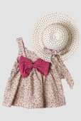 Şapkalı Küçük Çiçek Desenli Kız Bebek Elbisesi - 1