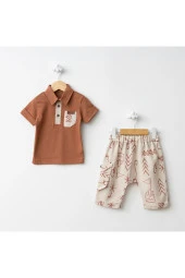 Etnik Desen Polo Yaka Pantolon Takım Kahverengi - 1