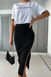 Kadın Siyah Fitilli Örme Kaşkorse Yırtmaçlı Etek - 1