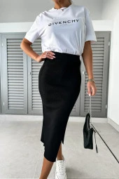 Kadın Siyah Fitilli Örme Kaşkorse Yırtmaçlı Etek - 2