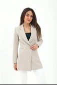 Omuzları Vatkalı Önü Çıtçıtlı Atlas Kumaş Kadın Blazer Ceket - Taş thumbnail 1
