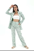 Zebra Desen Yüksek Bel Keten Pantolon - Mint Yeşili thumbnail 1