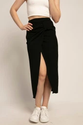 Kadın Siyah Büzgülü Yırtmaçlı kalem Etek - 1