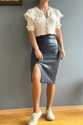 Siyah Deri Önden Yırtmaçlı Kalem Etek - 2