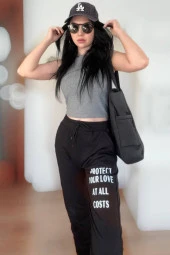 Kadın Siyah Penye Yazlık Jogger Spor Eşofman Alt Baskı Detaylı - 1