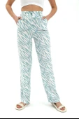 Zebra Desen Yüksek Bel Keten Pantolon - Mavi thumbnail 2