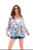 Çiçek Desenli Truvakar Kol Kimono - Mavi thumbnail 2