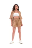 Pamuk Keten Şort Gömlek Kadın İkili Takım - Camel thumbnail 3
