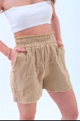 Püskül Detaylı Yıkamalı Müslin Şort - Vizon thumbnail 2