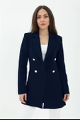 Omuzları Vatkalı Önü Çıtçıtlı Atlas Kumaş Kadın Blazer Ceket - Lacivert - 1
