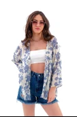 Çiçek Desenli Truvakar Kol Kimono - Mavi thumbnail 1