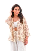 Çiçek Desenli Truvakar Kol Kimono - Kahve thumbnail 1