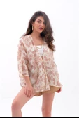 Çiçek Desenli Truvakar Kol Kimono - Vizon - 1