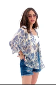 Çiçek Desenli Truvakar Kol Kimono - Mavi thumbnail 4
