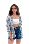Çiçek Desenli Truvakar Kol Kimono - Mavi thumbnail 3
