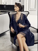 9600 6'lı Kısa Saten Gecelik Sabahlık Pijama Takım - 1