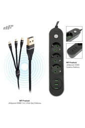 0366 Koruma Anahtarlı 3 Usb'li 3'lü Grup Priz 2 Mt + 0060 Metal Başlıklı Örgülü 3 In 1 Hı - 1