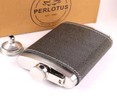 Perlotus El Dikişi Hakiki Gri Derili 8 Oz 240 cc Hunili Çelik Viski İçki Matarası - 2