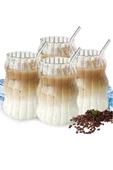 4lü Pipetli Kleemeiero Sunum Bardağı Meşrubat Kahve Soğuk İçecek Hediyelik Bardak 500ml - 4
