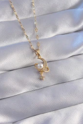 316L Çelik Zincir Gold Renk Zirkon Taşlı Sedefli Ay Figürlü Kolye - EBJ270706W25163 thumbnail 1