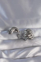 Pirinç Gümüş Renk Tırtıklı Bombe Model Küpe - EBJ270706W25249 thumbnail 2