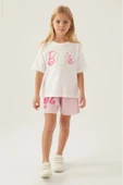 ARNETTA Lisanslı L1703 Patterned T-shirt Ve Şort Alt Üst Kız Çocuk Takımı Krem thumbnail 4