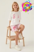 ARNETTA Lisanslı L1703 Patterned T-shirt Ve Şort Alt Üst Kız Çocuk Takımı Krem thumbnail 1